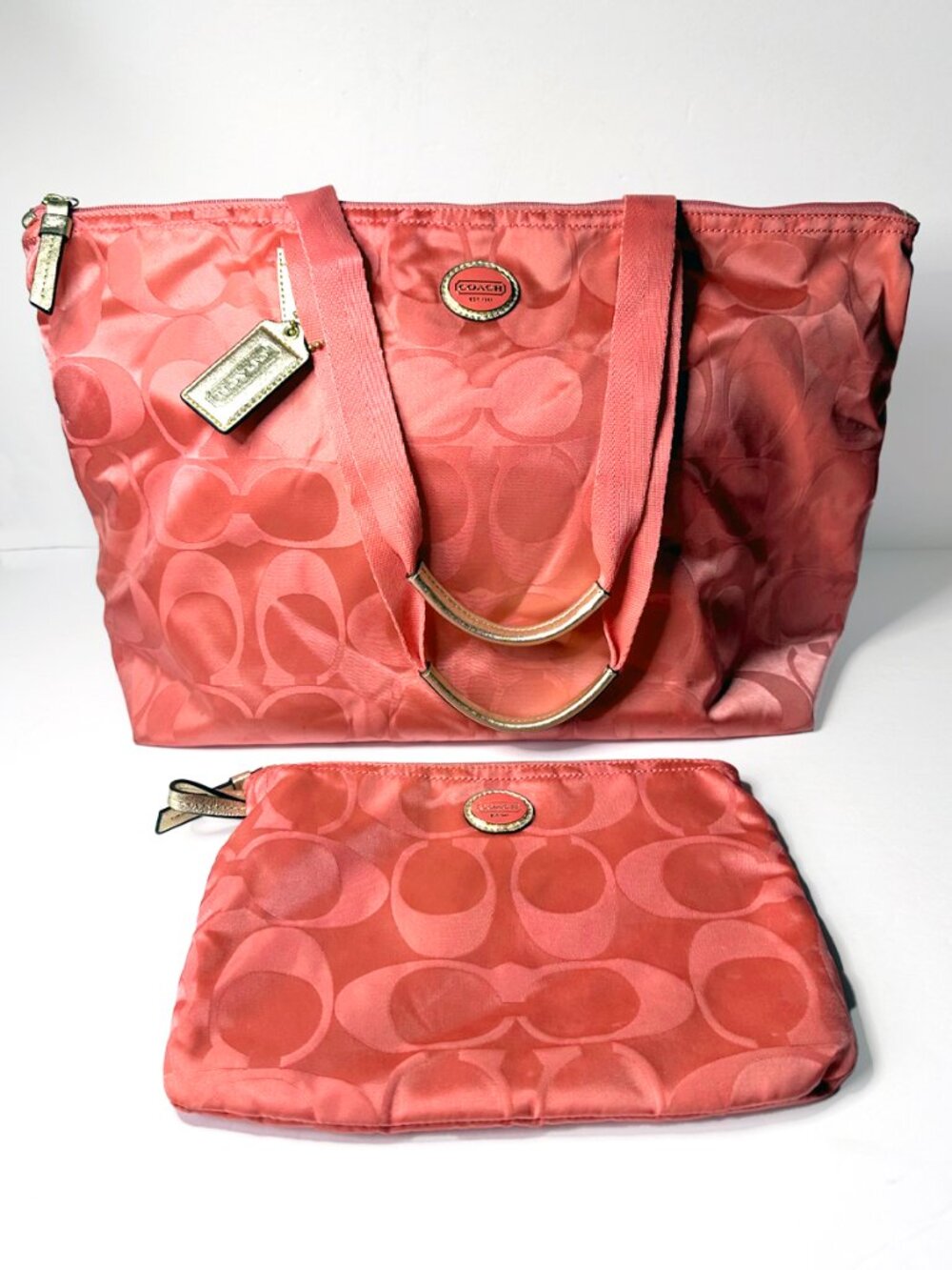 Coach Getaway Signature Nylon Weekender Tote Coral & Matching Zip Pouch F77321